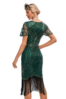 Beading mørkegrøn glitterfrynser Flapper kjole med tilbehør sæt