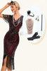 Indlæs billede til gallerivisning Glitrende frynser bordeaux kjole fra 1920&#39;erne med tilbehørssæt