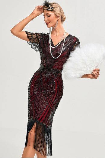 Glitrende frynser bordeaux kjole fra 1920'erne med tilbehørssæt