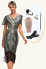 Indlæs billede til gallerivisning Sort gylden glitterfrynser 1920&#39;erne kjole med tilbehør sæt