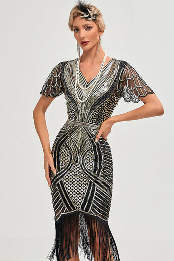 Sort gylden glitterfrynser 1920'erne kjole med tilbehør sæt