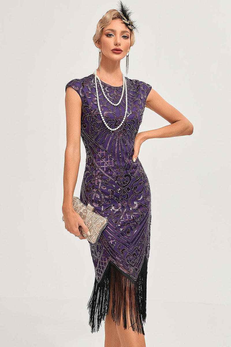 Indlæs billede til gallerivisning Frynser mørk lilla perle 1920&#39;erne kjole med tilbehør sæt