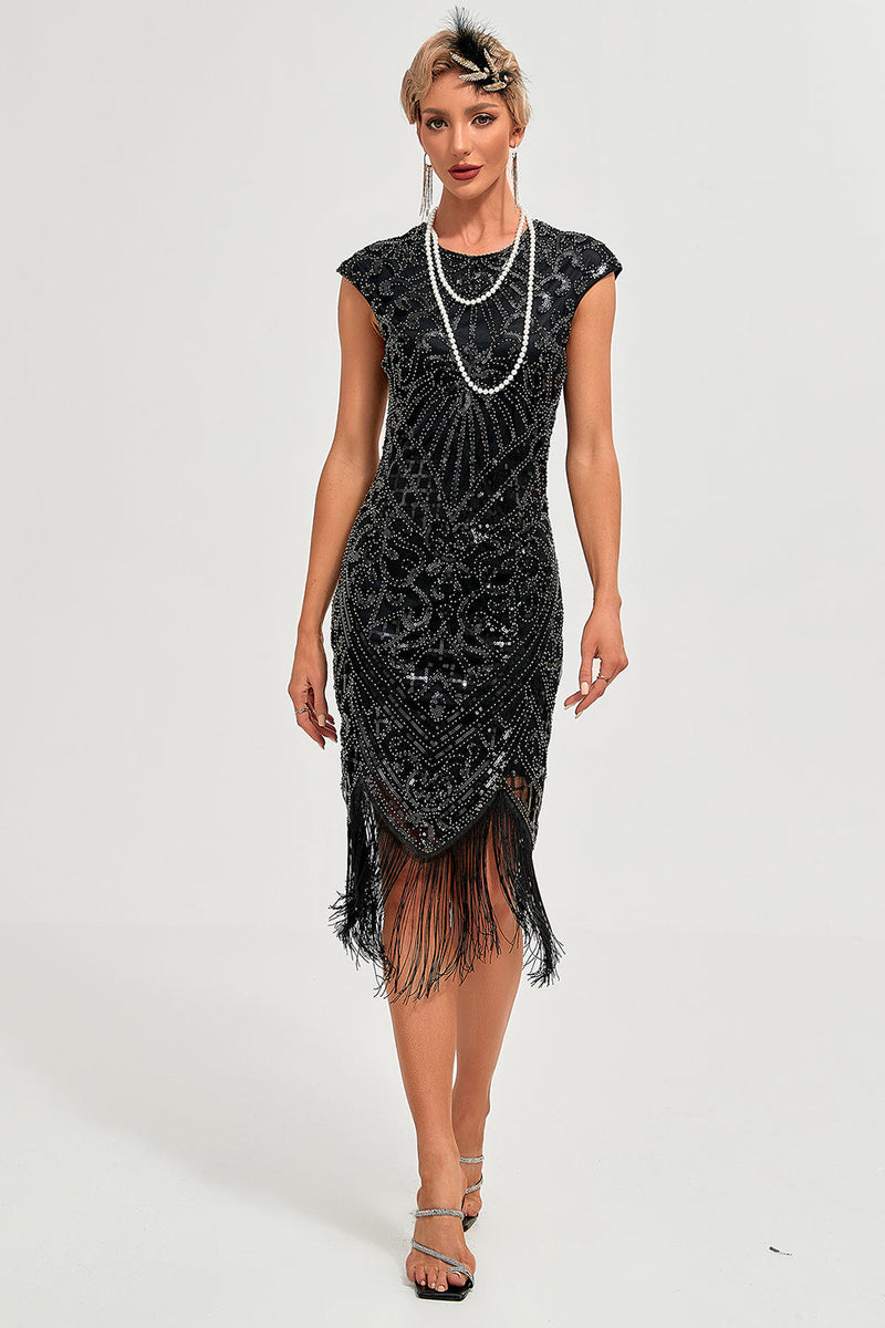 Indlæs billede til gallerivisning Sort ærmeløs glitterfrynser 1920&#39;erne kjole med tilbehør sæt