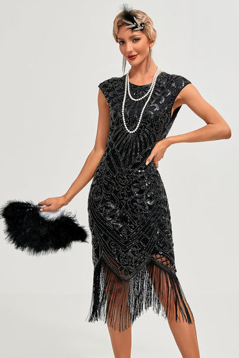 Sort ærmeløs glitterfrynser 1920'erne kjole med tilbehør sæt