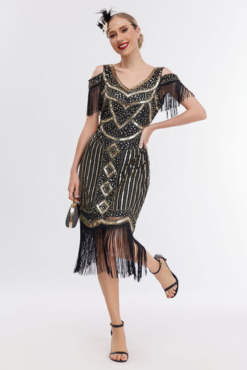Sort gylden kold skulderfrynser 1920'erne Gatsby kjole med 20'er tilbehør sæt