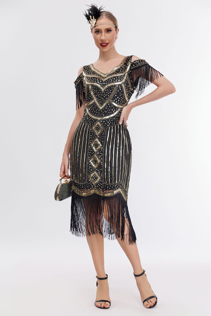 Indlæs billede til gallerivisning Sort gylden kold skulderfrynser 1920&#39;erne Gatsby kjole med 20&#39;er tilbehør sæt