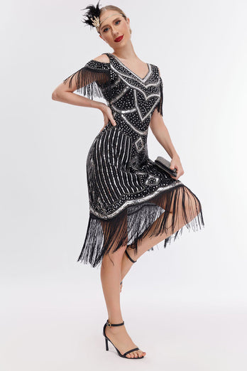 Sort gylden kold skulder frynser 1920'erne Gatsby kjole med 20'erne tilbehør sæt
