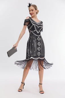 Sort gylden kold skulder frynser 1920'erne Gatsby kjole med 20'erne tilbehør sæt