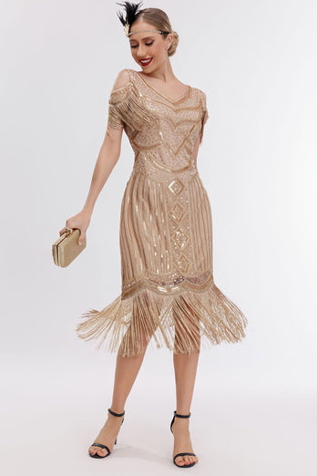 Champagne kolde skulderfrynser 1920'erne Gatsby kjole med 20'erne tilbehør sæt