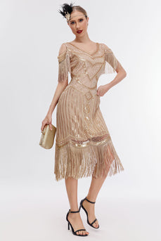 Champagne kolde skulderfrynser 1920'erne Gatsby kjole med 20'erne tilbehør sæt