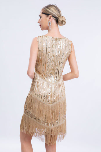 Abrikos frynsede 1920'erne Gatsby kjole med pailletter med 20'erne tilbehør sæt