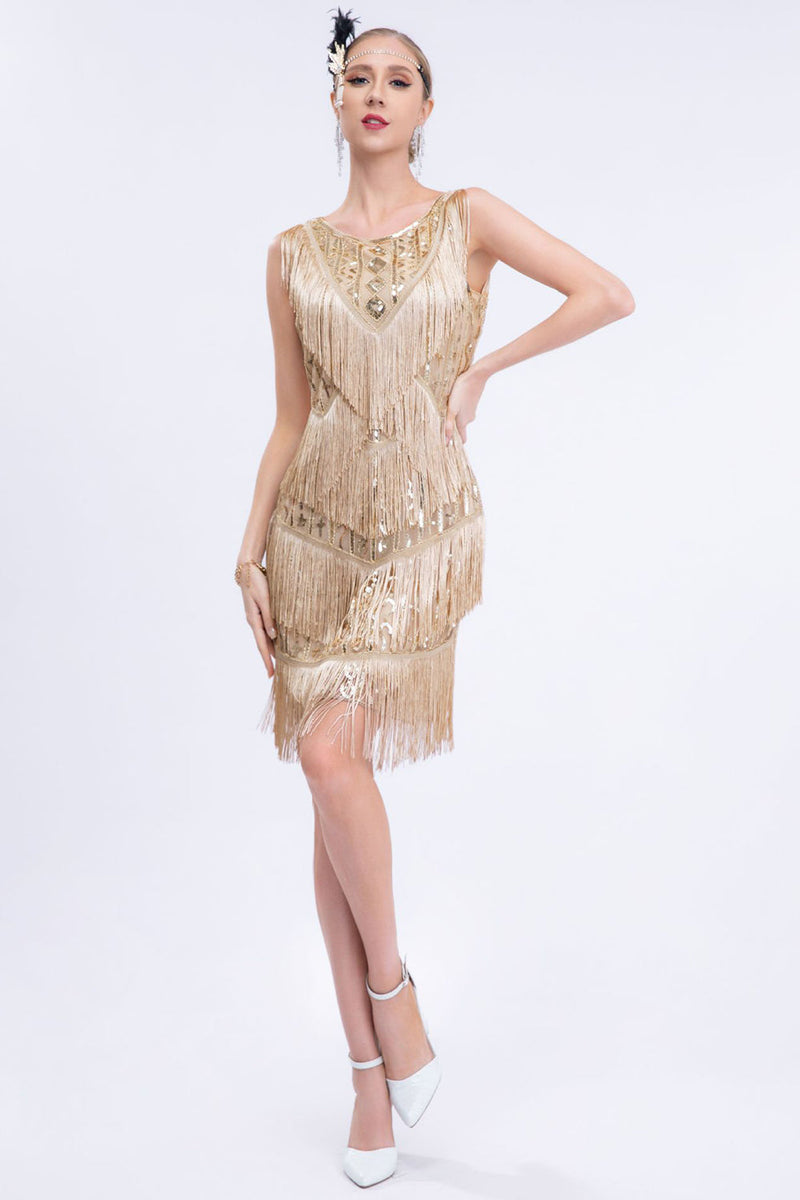 Indlæs billede til gallerivisning Abrikos frynsede 1920&#39;erne Gatsby kjole med pailletter med 20&#39;erne tilbehør sæt
