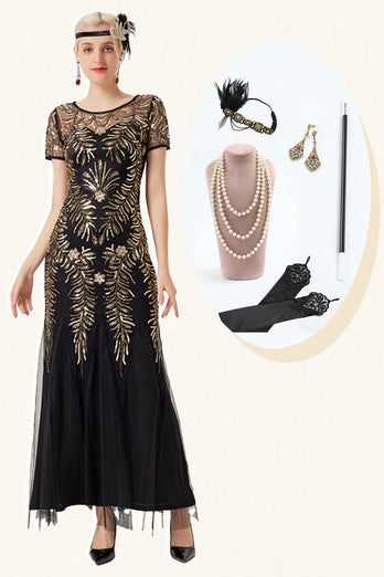 Sorte gyldne pailletter korte ærmer Lang kjole fra 1920'erne med tilbehør fra 20'erne