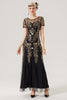 Indlæs billede til gallerivisning Sorte gyldne pailletter korte ærmer Lang kjole fra 1920&#39;erne med tilbehør fra 20&#39;erne