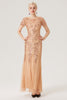 Indlæs billede til gallerivisning Champagnepailletter korte ærmer Lang kjole fra 1920&#39;erne med tilbehør fra 20&#39;erne