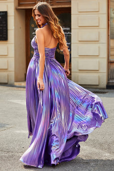 Bedøvelse A Line Halter Neck Purple Long Prom Dress med tilbehør