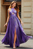 Indlæs billede til gallerivisning Bedøvelse A Line Halter Neck Purple Long Prom Dress med tilbehør