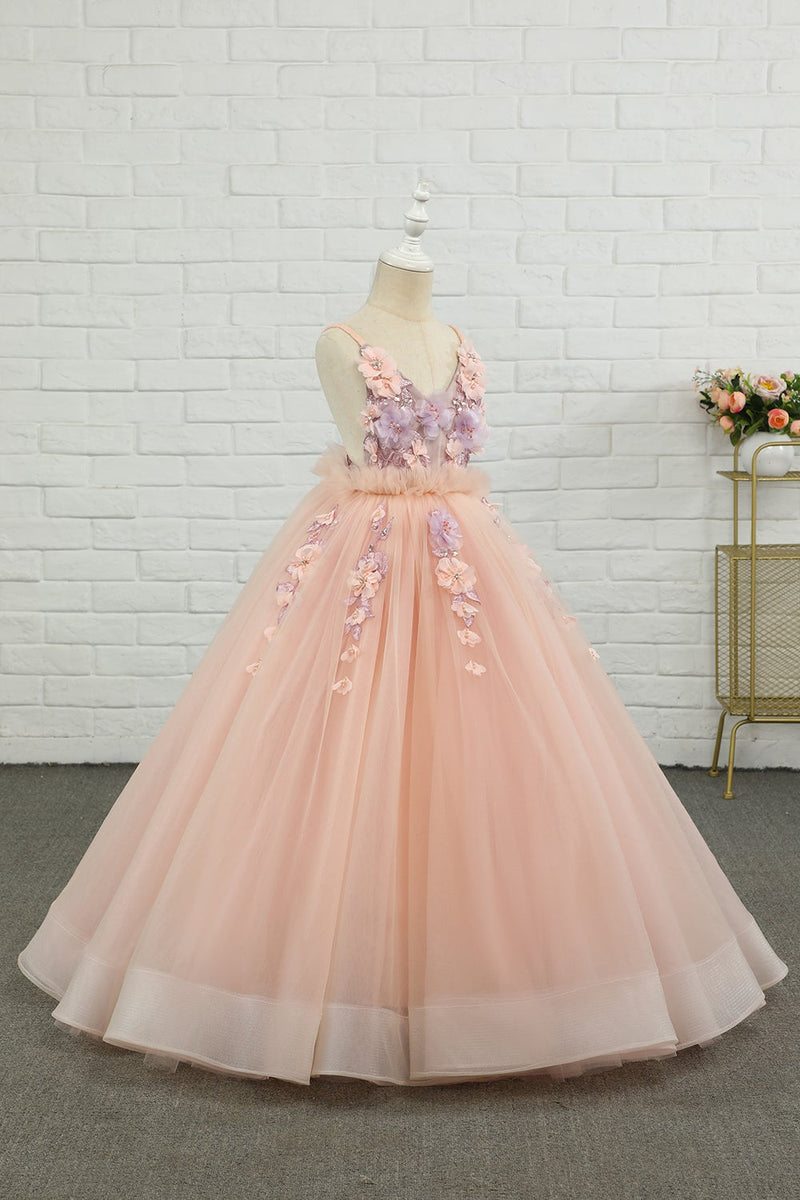 Indlæs billede til gallerivisning Pink tyl spaghetti stropper blomst pige kjole