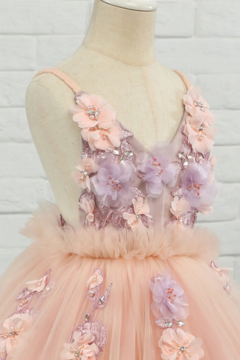 Pink tyl spaghetti stropper blomst pige kjole