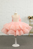 Pink Beading Tulle Blomst Pige Kjole med Bue