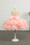 Pink Beading Tulle Blomst Pige Kjole med Bue