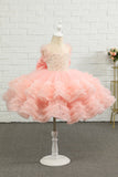 Pink Beading Tulle Blomst Pige Kjole med Bue