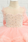 Pink Beading Tulle Blomst Pige Kjole med Bue