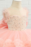 Pink Beading Tulle Blomst Pige Kjole med Bue