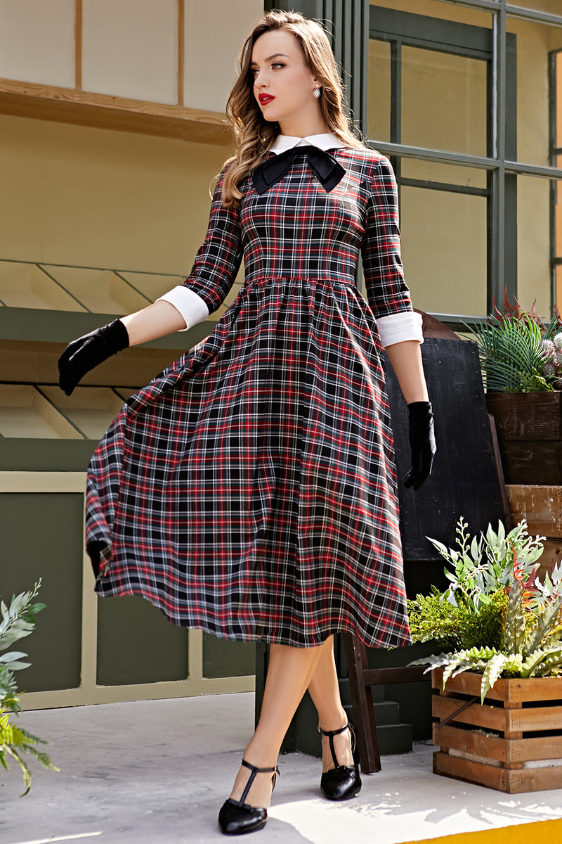 Indlæs billede til gallerivisning Vintage Sort Plaid Midi Svinge Kjole