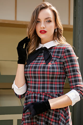 Vintage Sort Plaid Midi Svinge Kjole