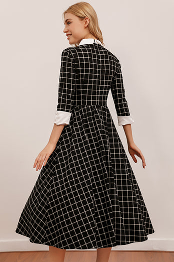 Vintage Sort Plaid Midi Svinge Kjole