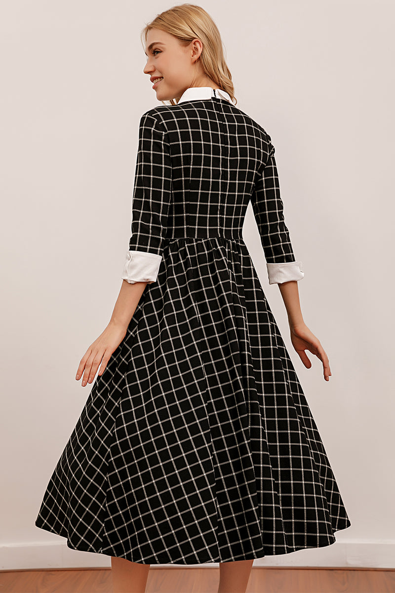 Indlæs billede til gallerivisning Vintage Sort Plaid Midi Svinge Kjole