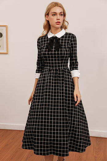 Vintage Sort Plaid Midi Svinge Kjole