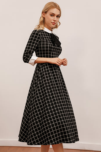 Vintage Sort Plaid Midi Svinge Kjole