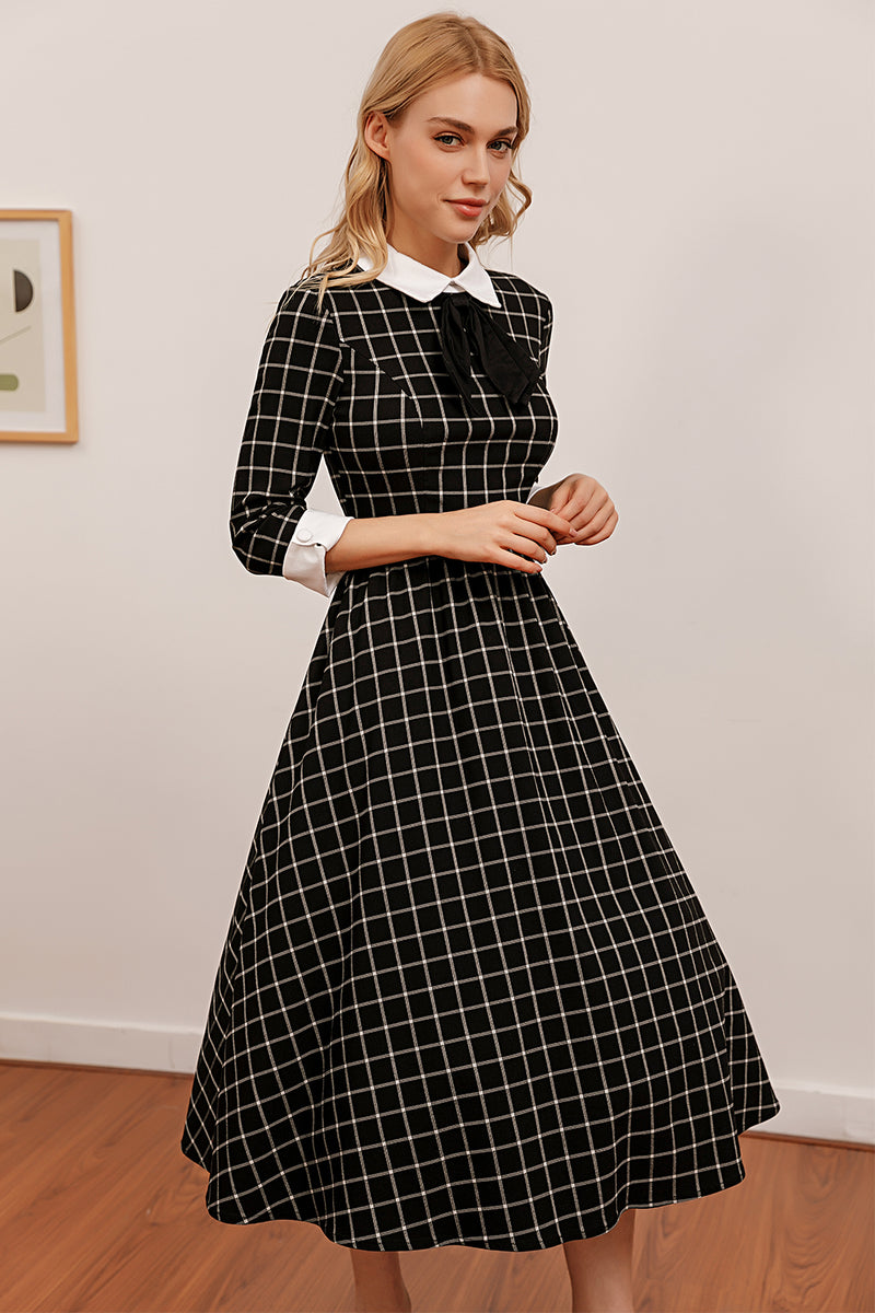 Indlæs billede til gallerivisning Vintage Sort Plaid Midi Svinge Kjole