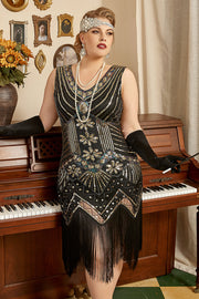 Sort 1920'erne Plus Size Beaded Pailletter Flapper Kjole