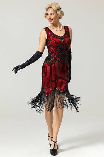 Rød og sort dyb V-hals Flapper 1920-kjole