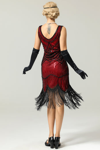 Rød og sort dyb V-hals Flapper 1920-kjole