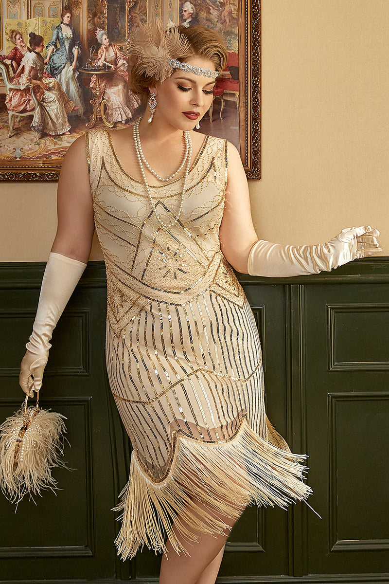 ZAPAKA Kvinder Plus Size 1920'erne Gatsby Abrikos Paillet Frynser Vintage Kjole – ZAPAKA DA