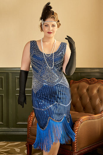 Kongeblå Plus Size 1920'er kjole med Kvast