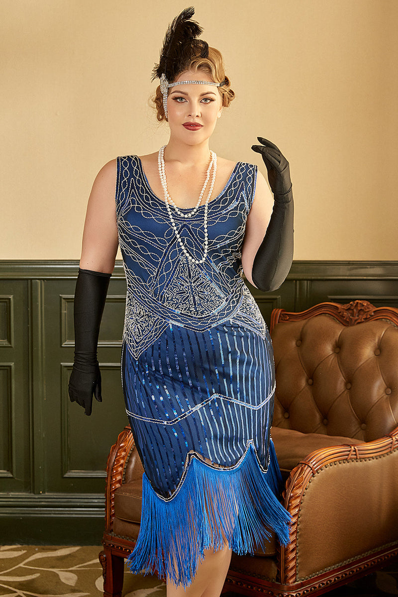 Indlæs billede til gallerivisning Kongeblå Plus Size 1920&#39;er kjole med Kvast