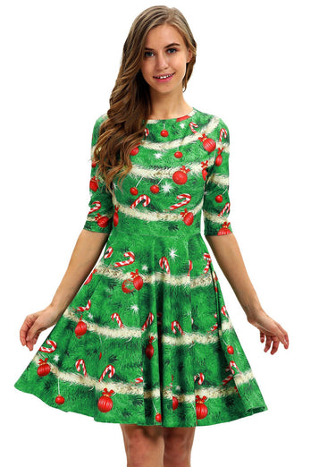 Grøn print jul vintage kjole