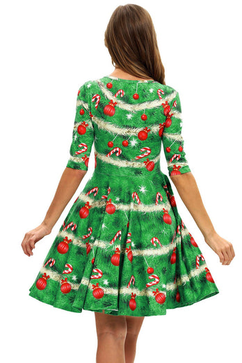 Grøn print jul vintage kjole