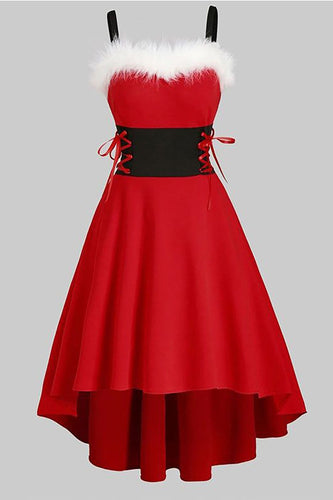 Rød vintage julefrokost kjole med fjer