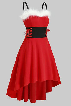 Rød vintage julefrokost kjole med fjer