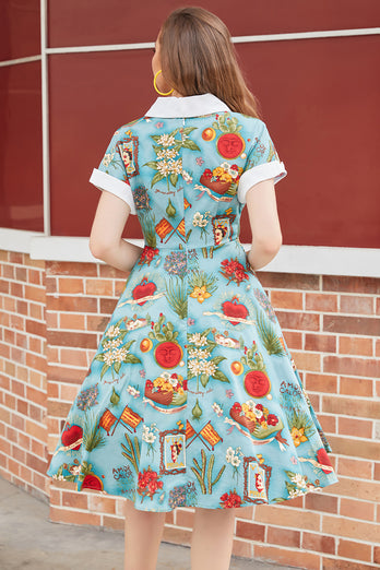 V Halstrykt 1950'er kjole korte ærmer