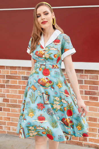 V Halstrykt 1950'er kjole korte ærmer