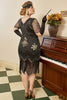 Indlæs billede til gallerivisning Sort Gylden Pailletter Gatsby Fringed Plus Size 1920s Kjole