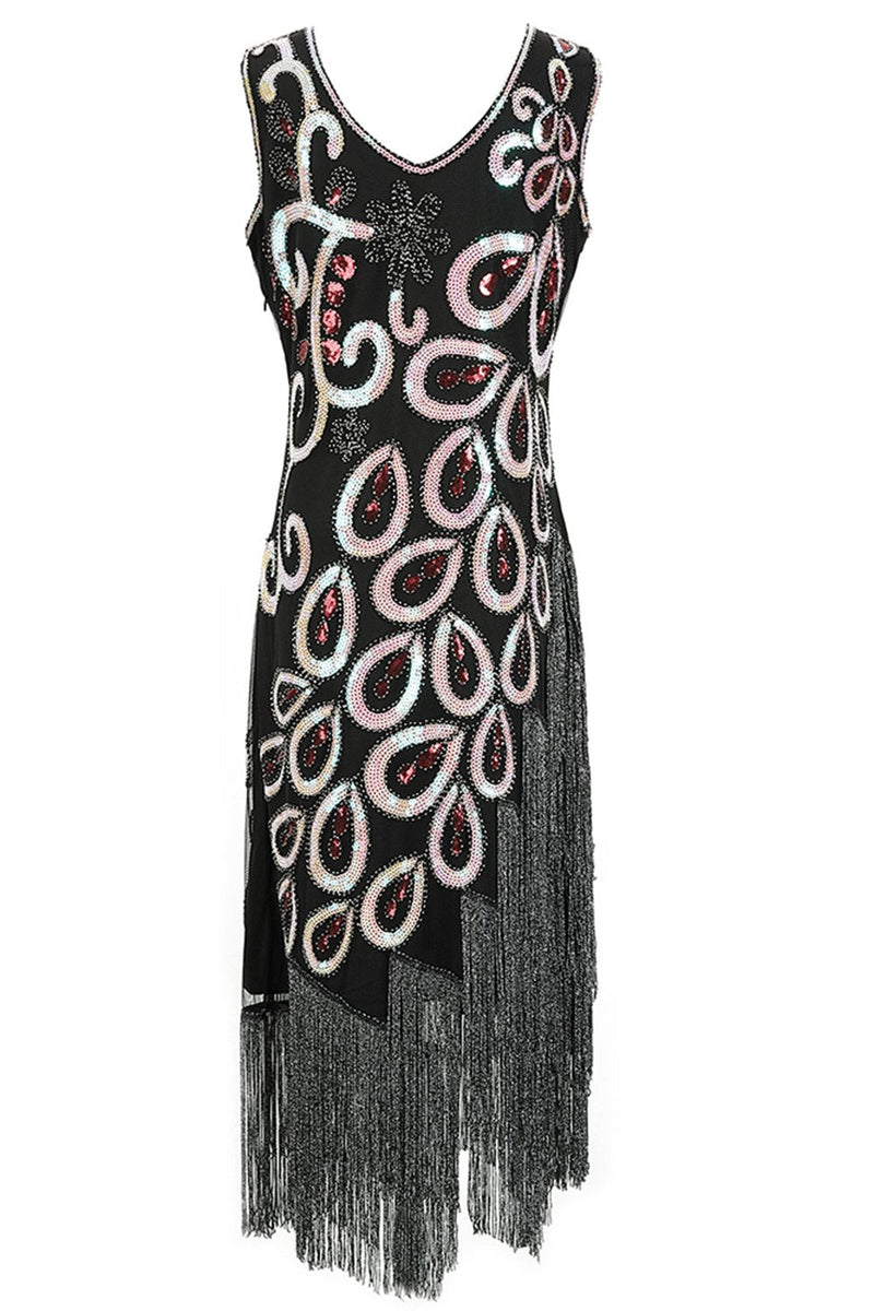 Indlæs billede til gallerivisning Bourgogne Asymmetrisk V Hals 1920&#39;erne Flapper Kjole