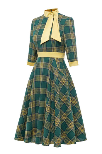 Grøn Plaid Vintage 1950'erne Kjole med Bowknot